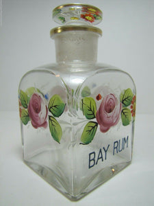 Antique BAY RUM Apothecary Drug Store Square Glass Bottle Hand Painted Jar