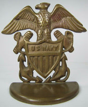 Load image into Gallery viewer, Old Brass US NAVY Spread Winged Eagle Shield Anchors Figural Doorstop Bookend

