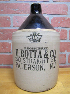 Antique U BOTTA & CO 290 STRAIGHT ST PATERSON NJ 1 Gal Stoneware Liquor Ad Jug