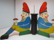 Load image into Gallery viewer, Antique Three Gnomes Christmas Tree Pole Stand hand painted metal wooden shoes
