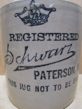 Load image into Gallery viewer, SCHWARZ PATERSON NJ Antique 1/2 Gal Liquor Stoneware Pottery JUG NOT TO BE SOLD
