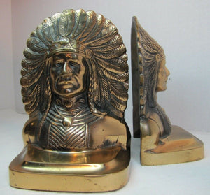 Antique NATIVE AMERICAN INDIAN CHIEF Ornate Brass Bookends WD ALLEN CHICAGO USA
