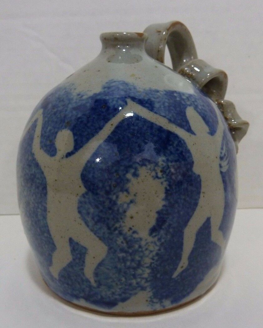 NUDE DANCING NYMPHS Studio Art Pottery Sm Stoneware Jug Pigtail Handle Signed
