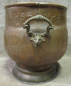 Old Copper Brass Planter Urn Figural Goat Handles Nymphs Fairies Dancing Flowers