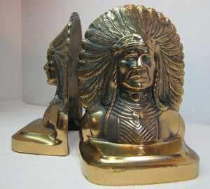 NATIVE AMERICAN INDIAN CHIEF WD ALLEN CHICAGO USA Ornate Brass Antique Bookends