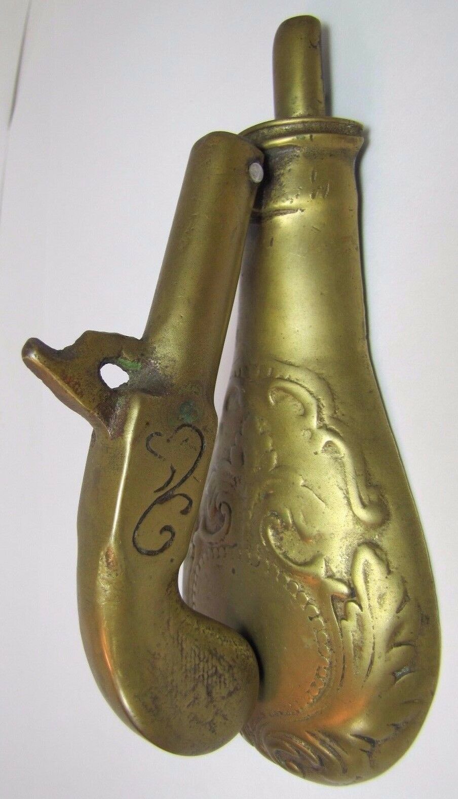 Old Cast Brass Pistol and Gun Powder Flask Door Knocker heavy solid unusual dsn