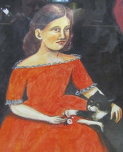 Load image into Gallery viewer, Girl in Red Dress with Black Cat Outsider Folk Art Watercolor Painting A. Romano
