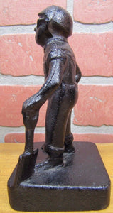 Old Cast Iron FOUNDRY WORKER COAL MINER Figural Doorstop Hat Goggles Shovel