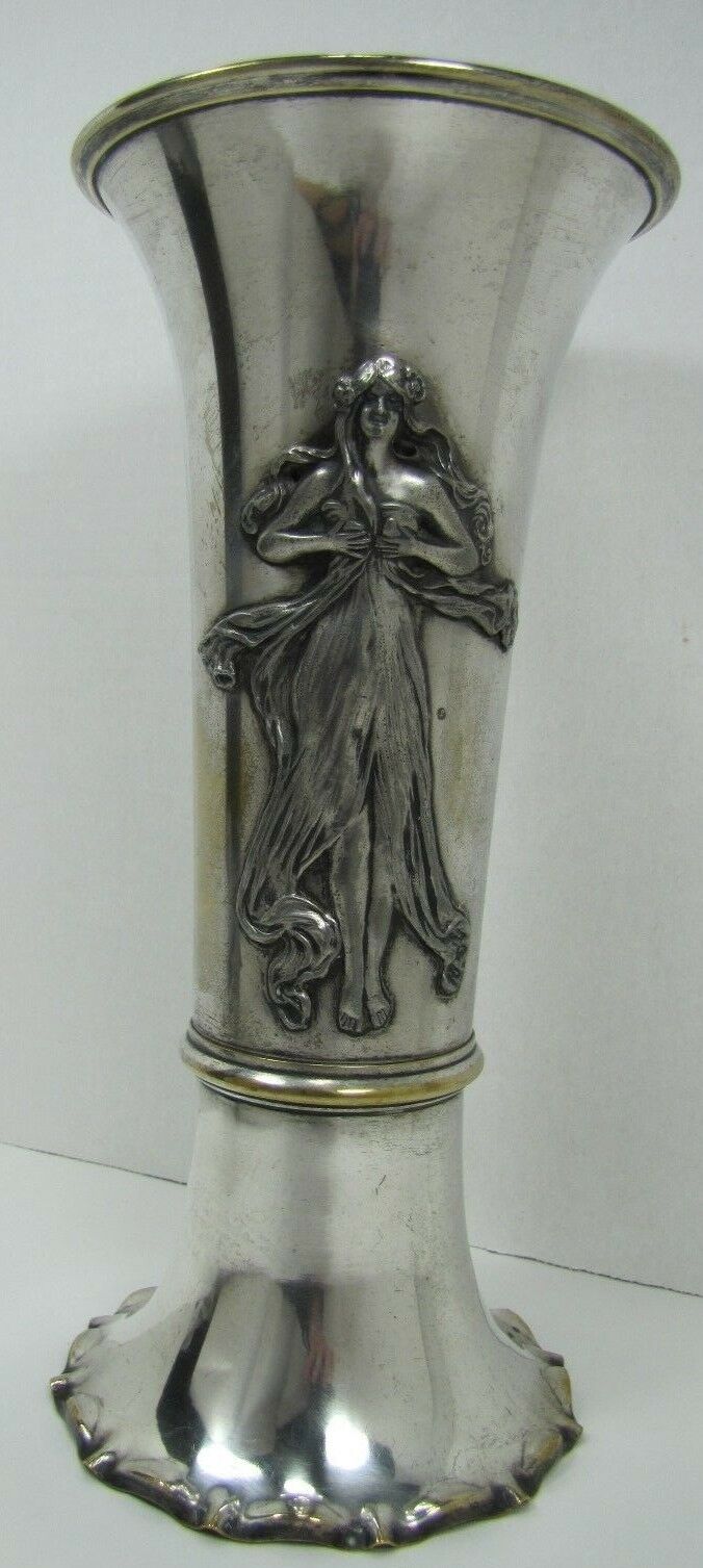 Art Nouveau Vase Lovely Maiden Long Flowing Hair Silver Plate Decorative Arts