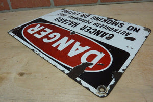 Orig Old Porcelain DANGER CANCER HAZARD Sign NO SMOKING OR EATING Unique Htf Adv