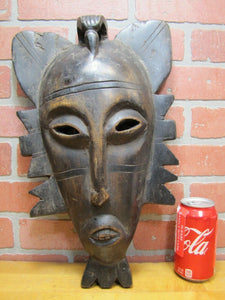 Old African Mask Wood Carved Decorative Art Wall Plaque Large Eyes Slender Nose