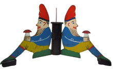 Load image into Gallery viewer, Antique Three Gnomes Christmas Tree Pole Stand hand painted metal wooden shoes
