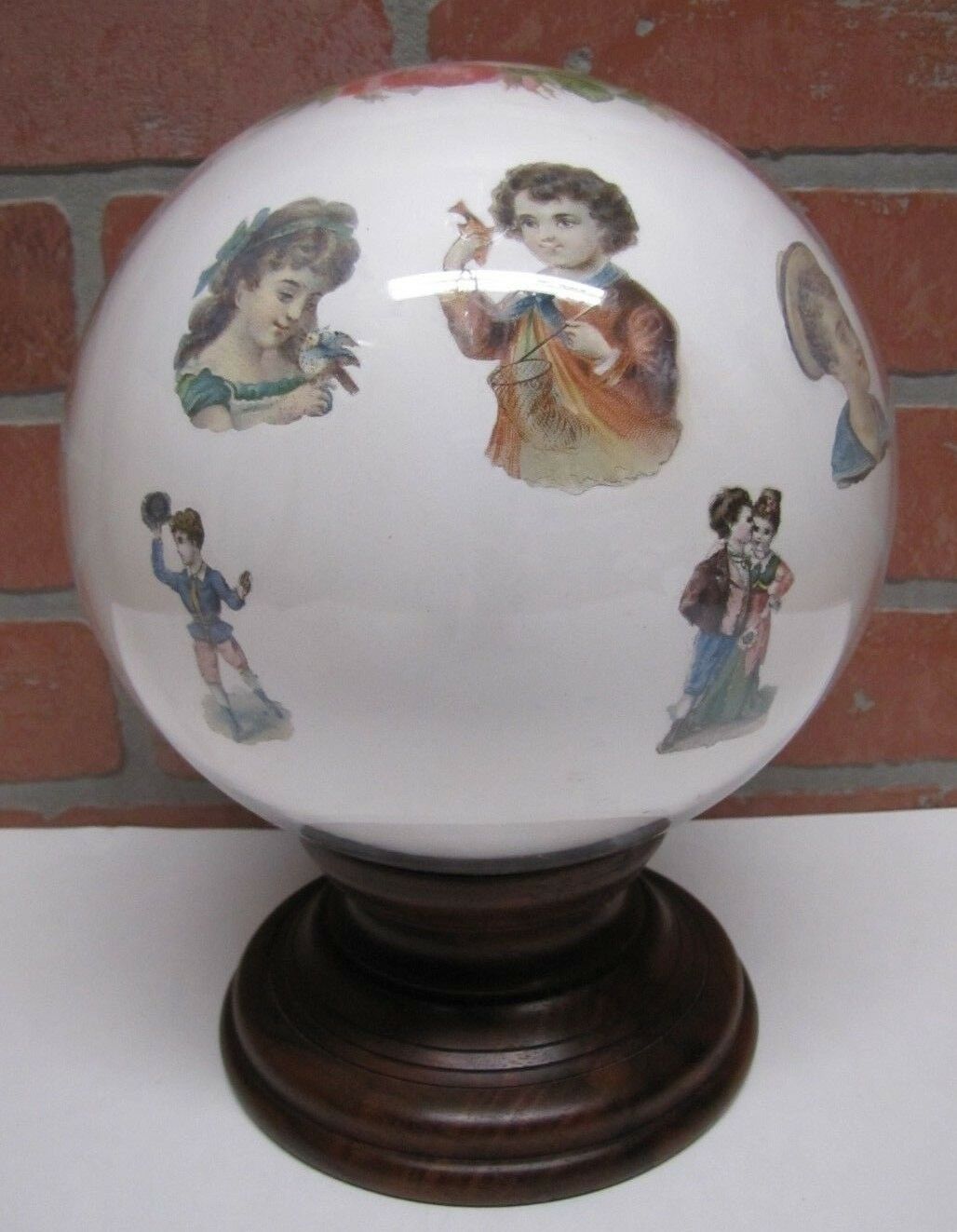 Antique Victorian Potichomania Gazing Blown Glass Ball Wooden Stand Girls Boys