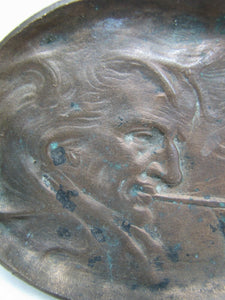 Antique Gentleman Smoking Old Long Clay Pipe Bronze Decorative Arts Tray