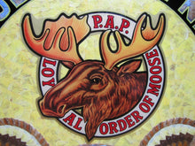 Load image into Gallery viewer, LOYAL ORDER OF MOOSE NORFOLK Old Folk Art Butterfly Wings Marquetry Plaque Sign
