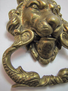 Old Brass Figural Lions Head Dauphin Koi Door Pull ornate architectural hardware