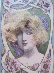 Antique Victorian Woman Postcard ' real hair ' old hand tinited color post card