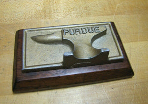 Vintage PURDUE ANVIL Paperweight Figural Cast Metal on Wooden Base Advertising