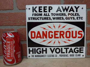 DANGEROUS HI VOLT NARRAGANSETT Elec Co PROVIDENCE RI Old Porcelain 2 Sided SignDANGEROUS HI VOLT NARRAGANSETT Elec Co PROVIDENCE RI Old Porcelain 2 Sided Sign