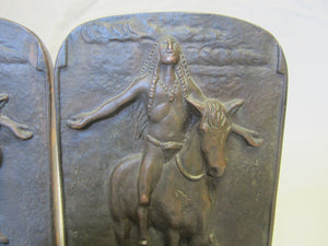 Vtg Native American Indian Bookends pair ornate detail chief horse landscape