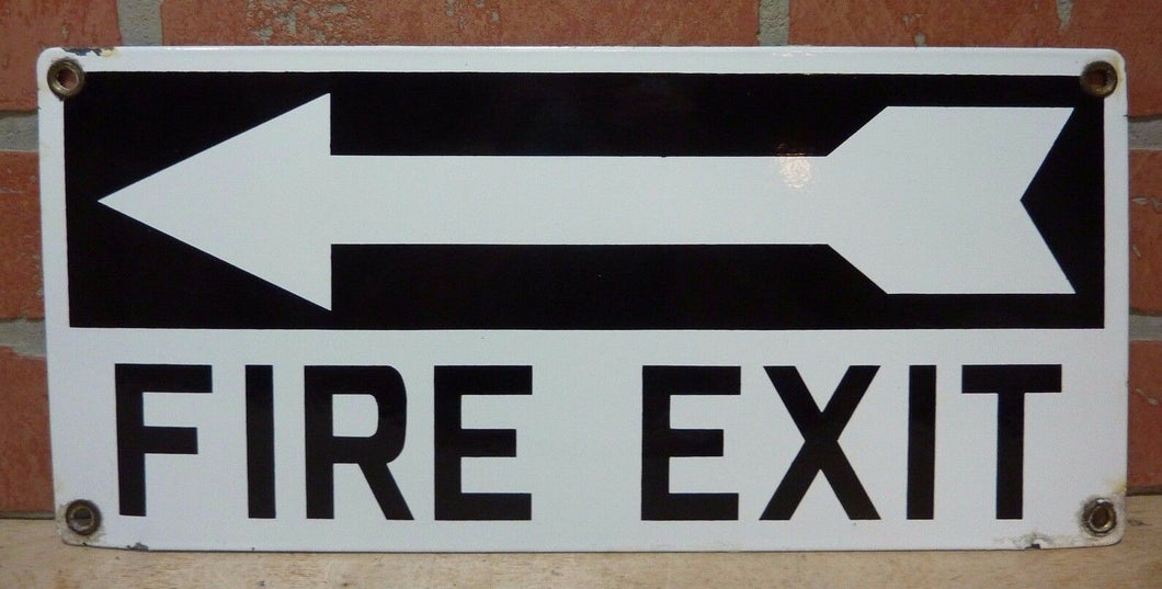 FIRE EXIT Orig Old Porcelain Sign Left Arrow Industrial Safety Gas Station Shop