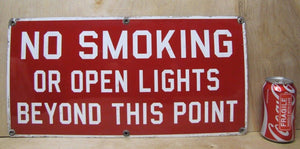 NO SMOKING OPEN LIGHTS BEYOND THIS POINT Old Porcelain Sign Gas Station Subway