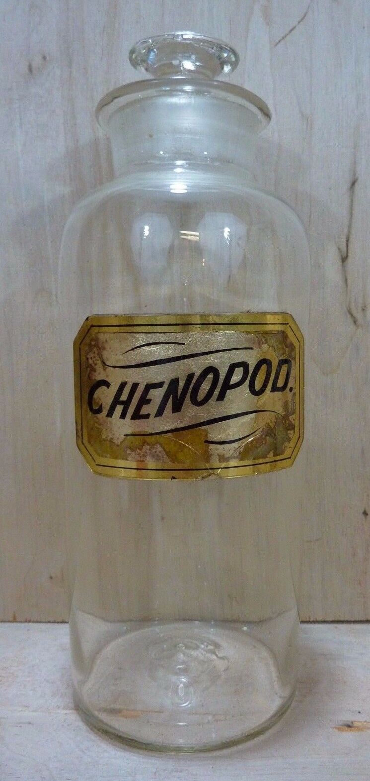 CHENOPOD Antique Hand Blown Apothecary Jar Bottle Reverse Glass Label Drug Store