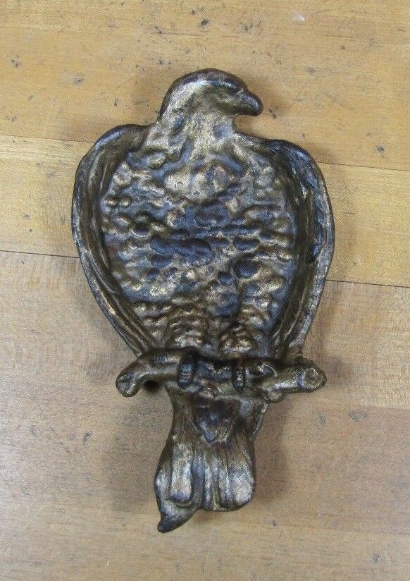 Antique PERCHED EAGLE Figural Tray Cast Iron Old Gold Paint Card Tip Trinket Art
