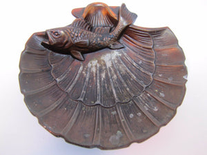 Old Fish Shell Tray cast metal ornate high relief figural coin trinket tip card