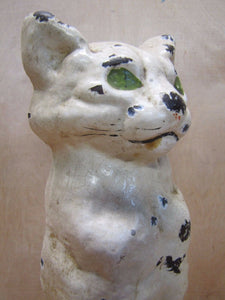 Antique Cast Iron Cat Doorstop Art orig old white painted surface green eyes