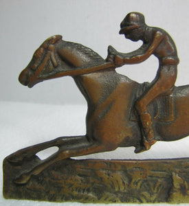 Vintage Jockey riding Horse Bookends brass copper wash ornate detailing rare htf