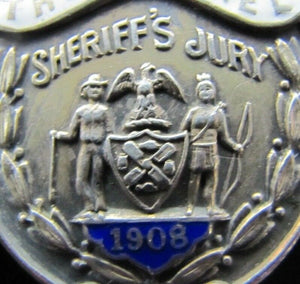 1908 SHERRIF'S JURY Sterling Silver White Blue Enamel Pinback Medallion Pin