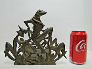 Fish Tank Bowl Holder Bracket Frame Old Cast Iron Art Deco Frogs Tophat Tuxedo
