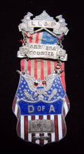 Load image into Gallery viewer, DAUGHTERS OF AMERICA D of A Antique Enamel Medallion Flag Ribbon Bible Pinback
