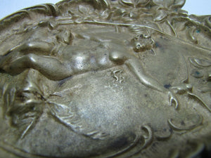 Antique Art Nouveau Nude Maiden Trinket Tray Bird in Hand Doe High Releif Beauty