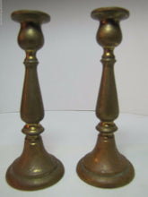Load image into Gallery viewer, Antique Candlesticks small pair bronze brass fine details lovely old worn patina
