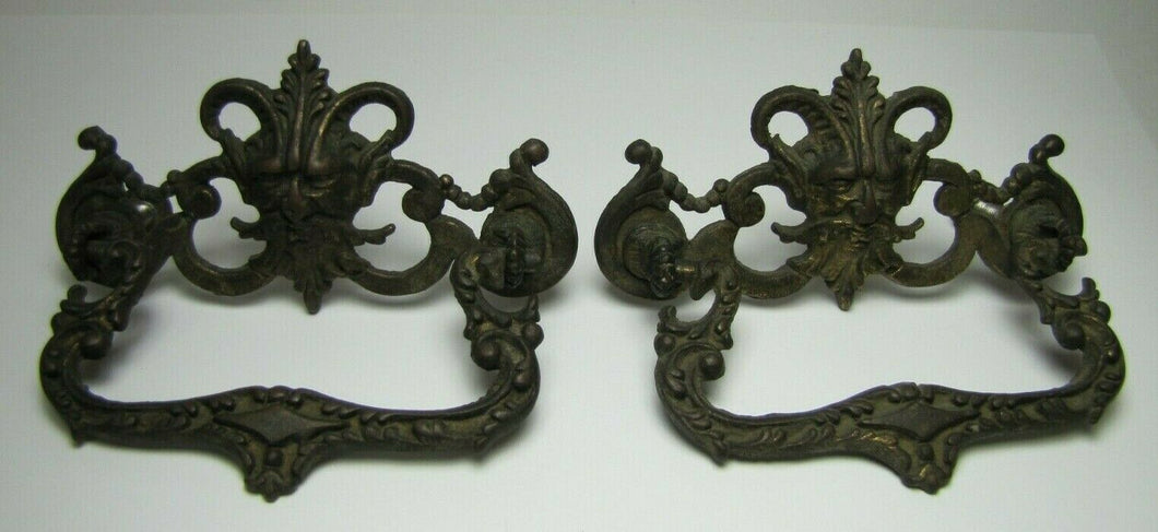 HORNED DEVIL HEADS Pair 19c Victorian Pull Bronze Brass Architectural Hardware