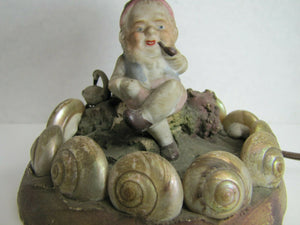 Old Folk Art Gnome Elf Troll w Swan Asbury Park New Jersey Souvenir Shell Lamp