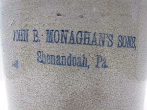 Antique John B. Monaghan's Sons Shenandoah Pa Stoneware Pottery Advertising Jug