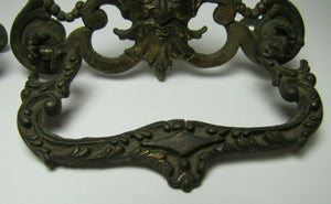 HORNED DEVIL HEADS Pair 19c Victorian Pull Bronze Brass Architectural Hardware