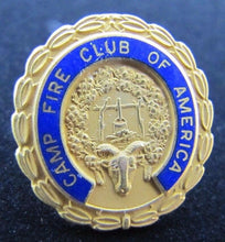Load image into Gallery viewer, CAMP FIRE CLUB OF AMERICA Antique Pin Ornate Enamel Gold Gilt Campfire Scene
