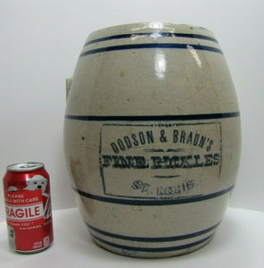 DODSON & BRAUN'S FINE PICKLES ST LOUIS Old Advertising Stoneware Pottery Crock