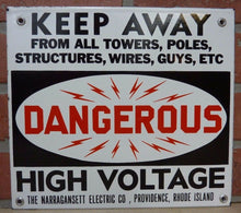 Load image into Gallery viewer, DANGEROUS HI VOLT NARRAGANSETT Elec Co PROVIDENCE RI Old Porcelain 2 Sided SignDANGEROUS HI VOLT NARRAGANSETT Elec Co PROVIDENCE RI Old Porcelain 2 Sided Sign
