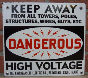 DANGEROUS HI VOLT NARRAGANSETT Elec Co PROVIDENCE RI Old Porcelain 2 Sided SignDANGEROUS HI VOLT NARRAGANSETT Elec Co PROVIDENCE RI Old Porcelain 2 Sided Sign