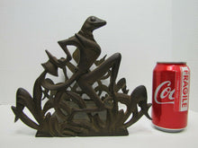 Load image into Gallery viewer, Fish Tank Bowl Holder Bracket Frame Old Cast Iron Art Deco Frogs Tophat Tuxedo
