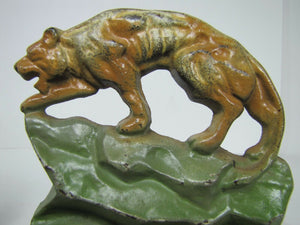 Old TIGER Prowling Crouching in Landscape Cast Iron Decorative Art Pair Bookends