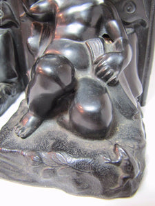 Antique Art Nouveau CHERUB CHILD FROG BUTTERFLY Bookends Decorative Art Statue
