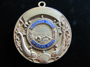 1940 WESTCHESTER County Swimming Meet Medal Medallion Ornate Dauphin Koi Fish