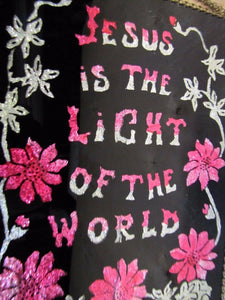 JESUS IS THE LIGHT OF THE WORLD Old Reverse Glass Foil Folk Art Sign Plaque
