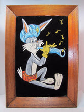 Load image into Gallery viewer, BUGS BUNNY SWAMI Flute Vintage Oil on Velvet Painting wood framed artwork

